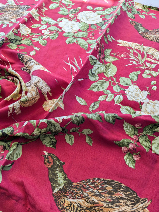 14 EV38 Scalamandre Upland Hand Printed Union Cloth Straw Red Floral Bird Turkey Country Toile 1y x 53" wide