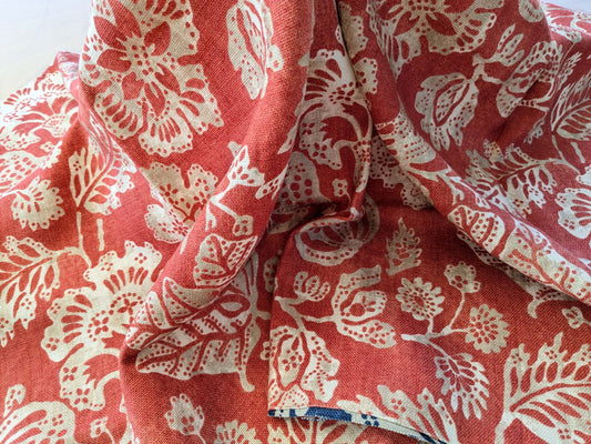 21 EV38 Scalamandre Calais Linen Print in Coral Pink Red Mediterrinan Pomegranite Block Print Heavy Linen MSRP USD300+/y 1.2y