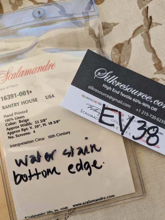 25 EV38 Scalamandre Bantry House Hand Printed Linen Brown Beige Floral 1.1y DEFECT