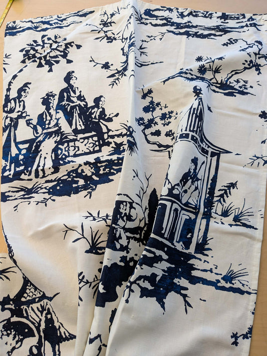 27 EV38 Scalamandre Summer Palace Porcelain Blue White Chinoiserie Scenic Toile MSRP USD 262/y 1.2y with cut out