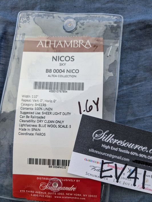 1 EV41 1.6yards x 54" Scalamandre Alhambra Nicos Sky Blue Sheers Linen Solid