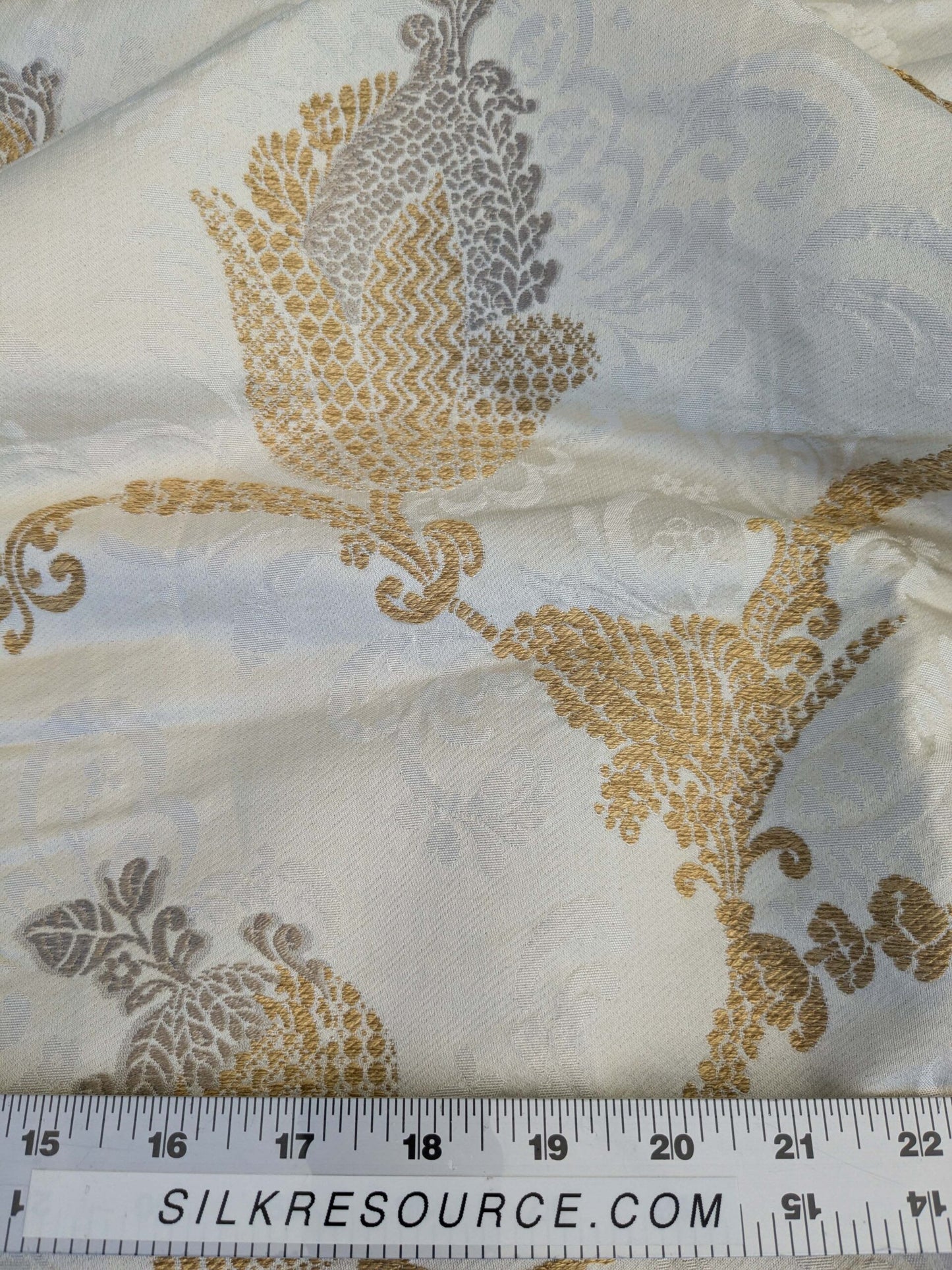 25 EV42 2.4y x 52"w Scalamandre Colony Vivaldi Silver Gold on Ivory Silk Lampas Botanical Foliage MSRP USD 640/y