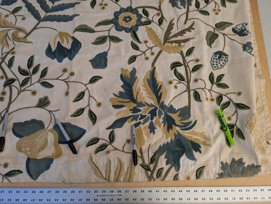 13 EV44 2.2yd x 55" Scalamandre Antoine Blue and White Wool Crewel on Cotton Embroidery MSRP USD 338/Y