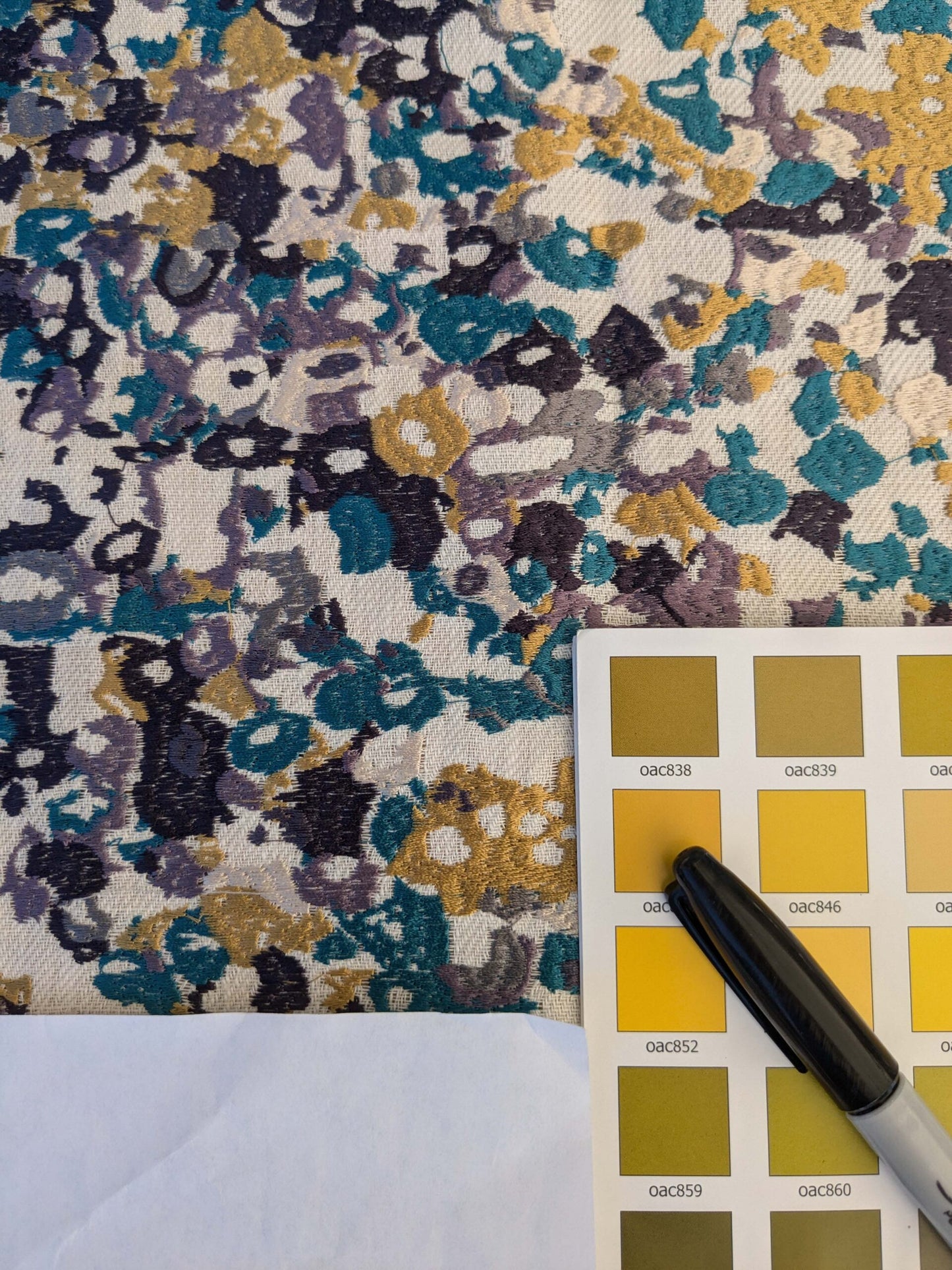 16 EV44 1.2yd x 53"w Scalamandre Abstract Brushed Blue yellow Gray and White Viscose Embroidery Texture