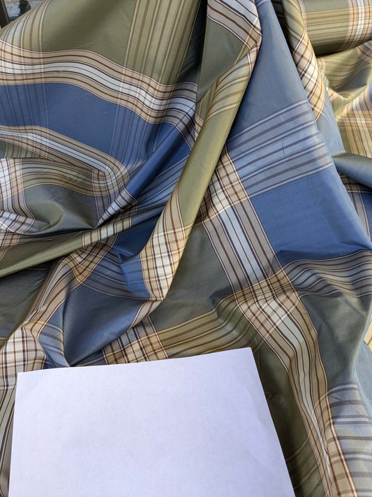 by yard Scalamandre Swan Plaid Silk Plaid Check Tartan Blue Neutral Silk Taffeta Crisp Multi MSRP USD156/y