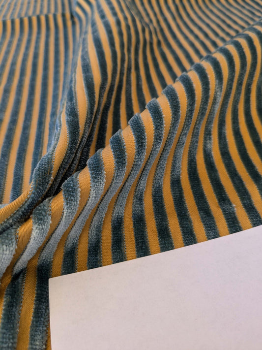 2.3yard Scalamandre Sofia Silk Velvet Stripe Blue and Gold Silk Pile Light Brown MSRP USD478/y