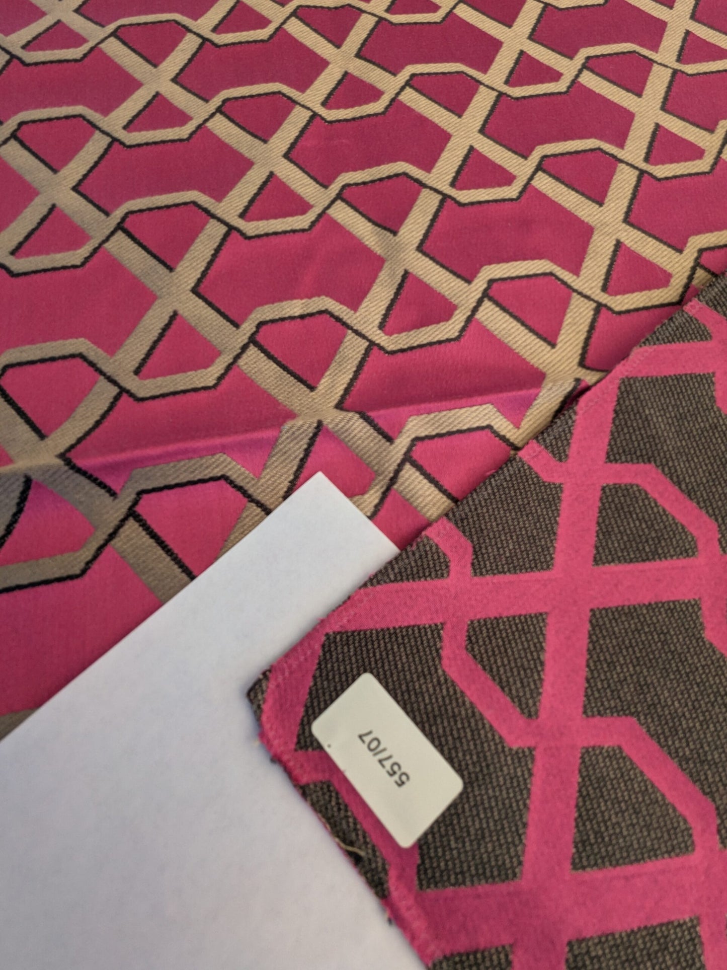 60 EV45 Square Scalamandre Lelievre Ribon Fuschia Pink Beige Jacquard Diamond Ogee Fretwork Lattice Large Jacquard MSRP USD 300+/y