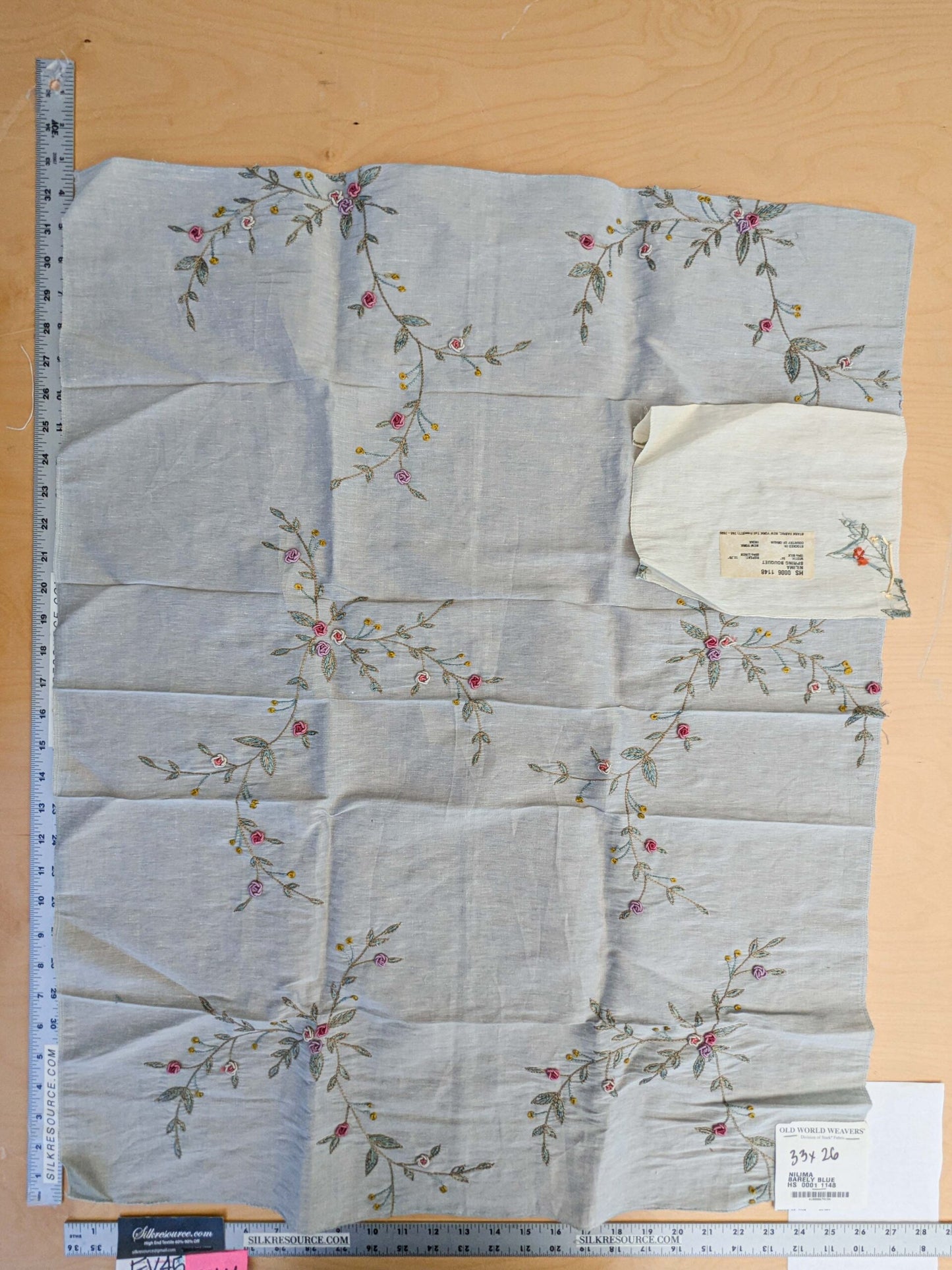 31 EV45 Silk Blend Square 33" x 26" Scalamandre Old World Weavers Nilima Barely Blue Delicate Floral Vine Linen Silk Embroidery