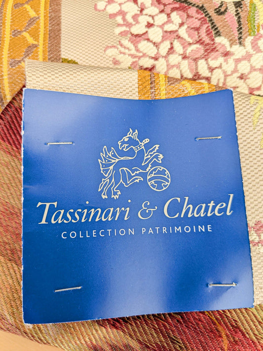 32 EV45 Silk Square 22" x 13" Tassinari and Chatel Rose and Lilas Bordure Floral Historic Stripe Medium Beige Red Green MSRP USD 1510/y