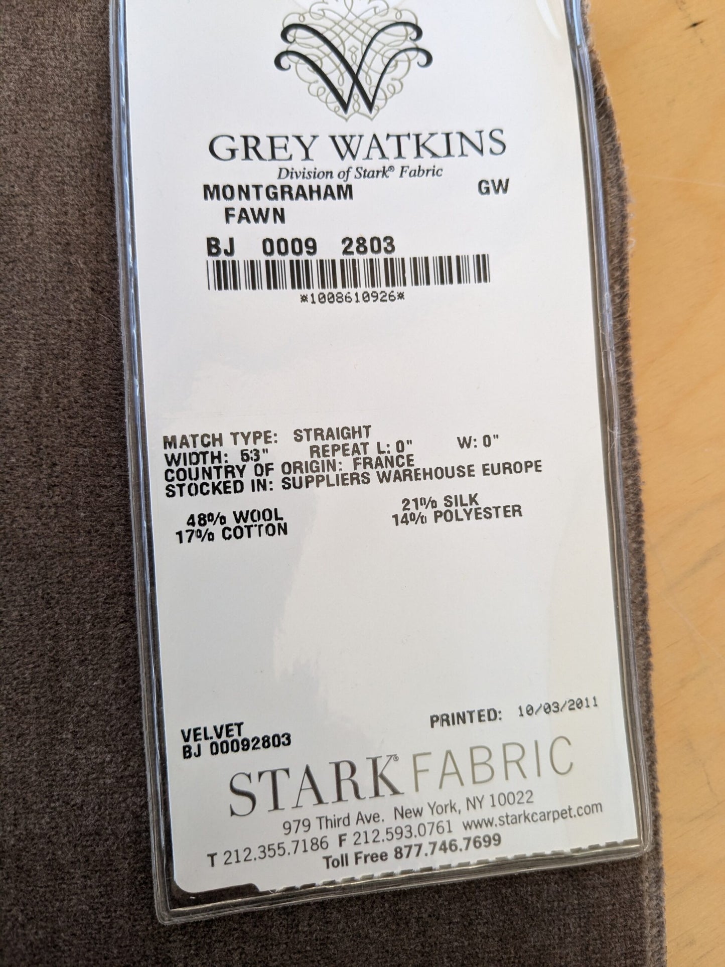 50 EV46 Velvet Square 12" x 26" Scalamandre Grey Watkins Montgraham Fawn Brown Solid Silk Wool Velvet