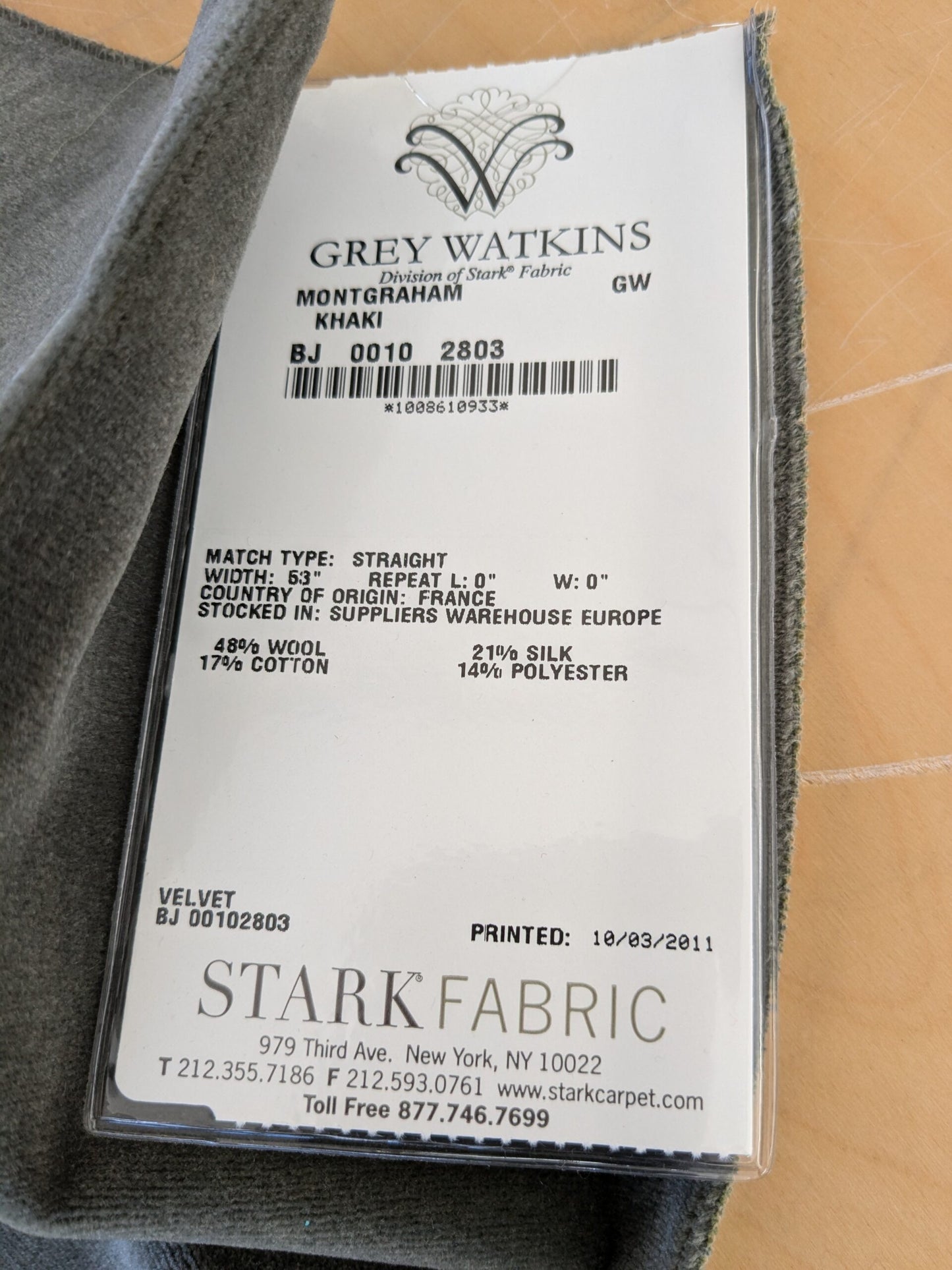 51 EV46 Velvet Square 12" x 26" Scalamandre Grey Watkins Montgraham Khaki Black Solid Silk Wool Velvet