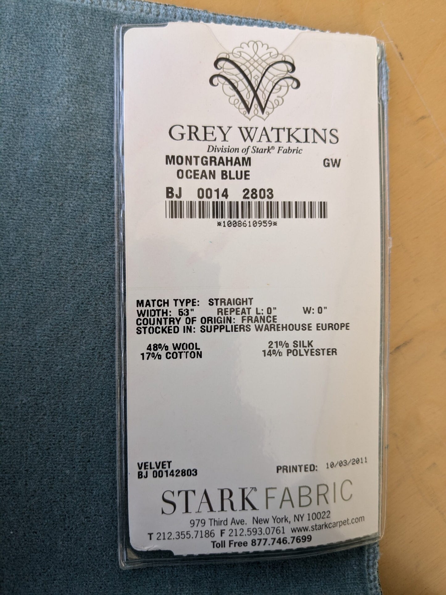 52 EV46 Velvet Square 12" x 26" Scalamandre Grey Watkins Montgraham Ocean Blue Solid Silk Wool Velvet