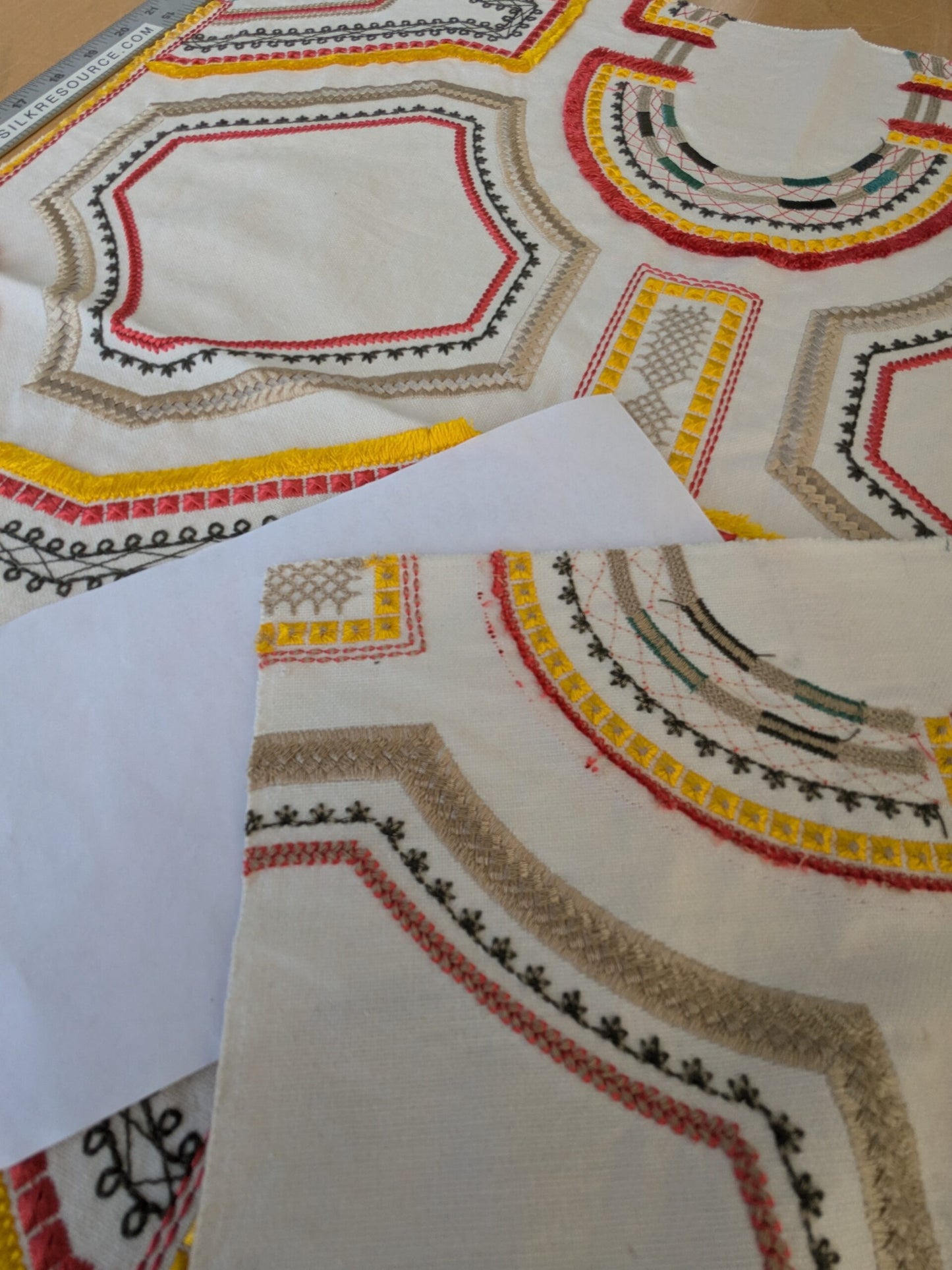 2 EV47 Square Scalamandre Lelievre Paris Kayapo Red Yellow Black on Cream White Embroidery Geometric Graphic MSRP USD 826/y