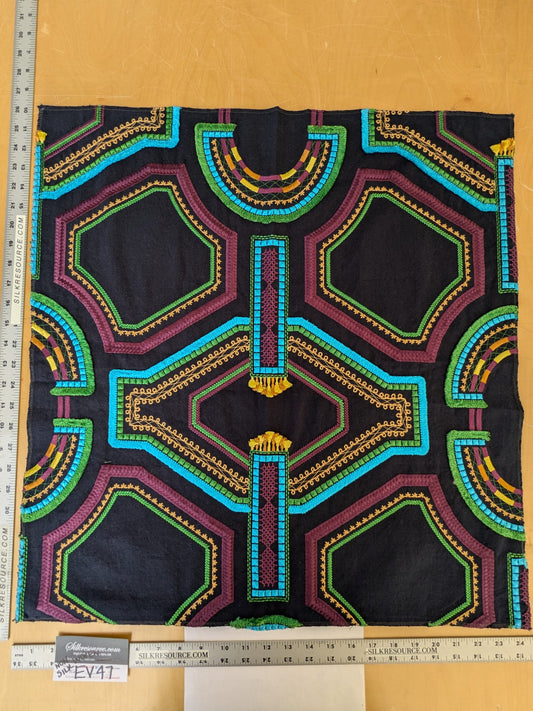 3 EV47 Square Scalamandre Lelievre Paris Kayapo Aqua Green Deep Red on Black Embroidery Geometric Graphic MSRP USD 826/y