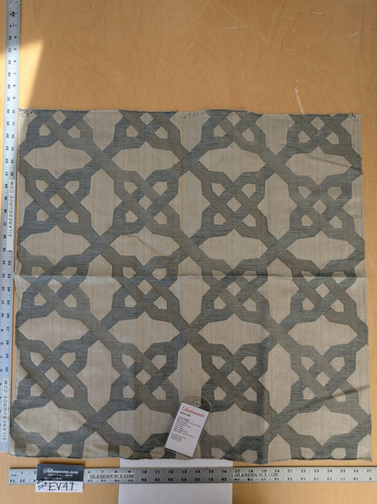 20 EV47 Square Scalamandre Alexander Carbon Moired Jacquard Light Brown and Blue Geomertric Fretwork Lattice