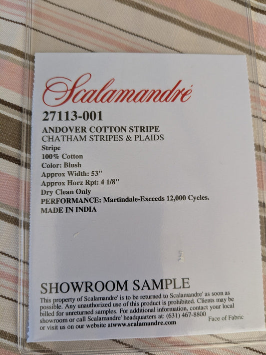 66 EV47 Square Scalamandre Andover Cotton Stripe Blush Pink Brown White Cotton Chatham Stripes & Plaids