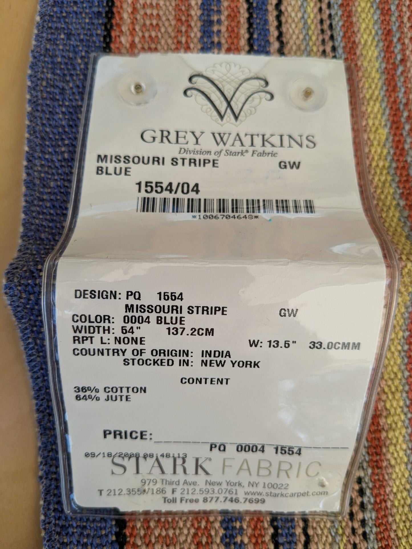 70 EV47 Square Scalamandre Grey Watkins Missouri Stripe Blue Orange Yellow Jute Cotton