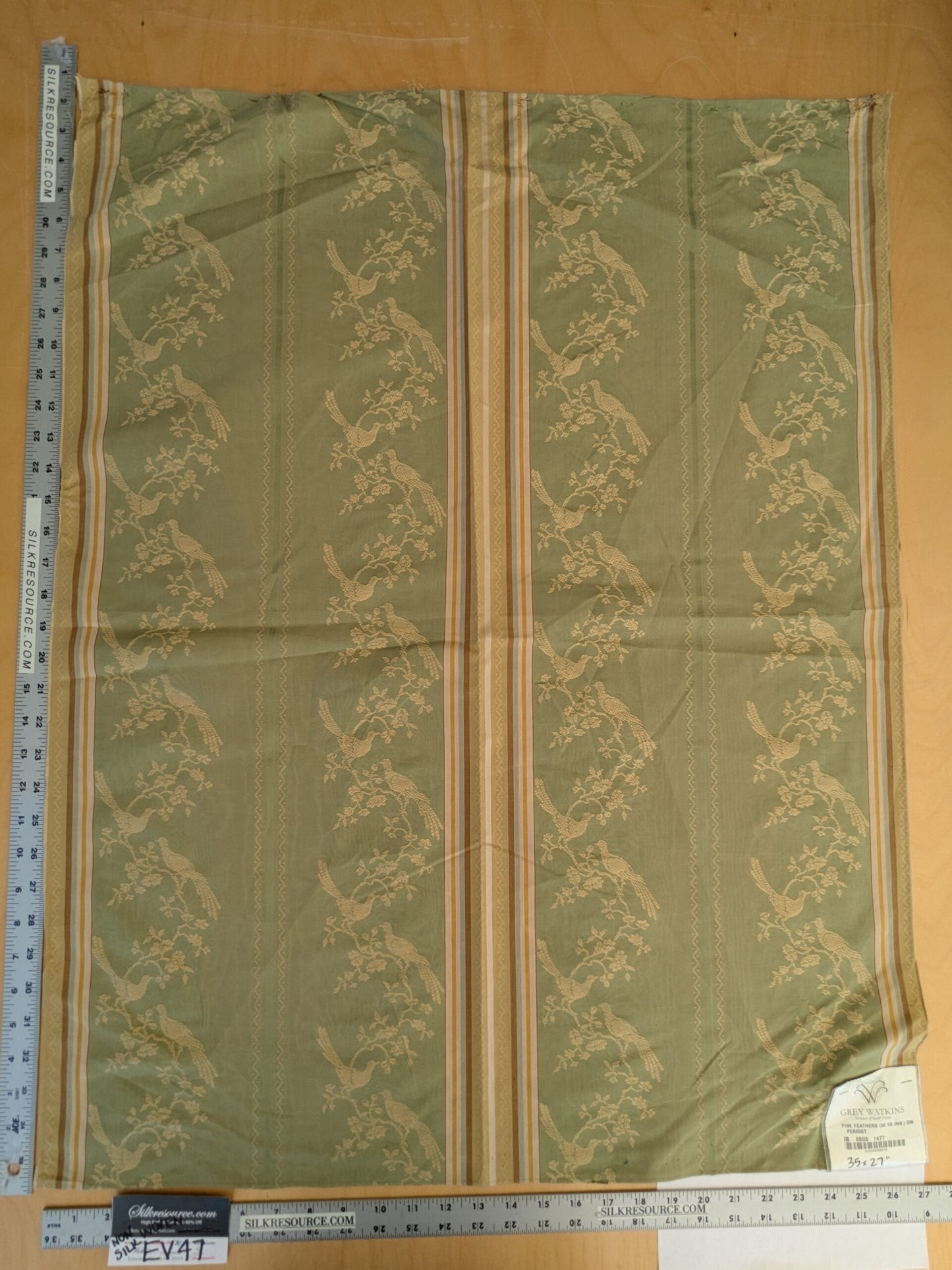 93 EV47 Square Scalamandre Grey Watkins Fine Feathers Peridot Green Gold Viscose Stripe Animals bird Floral 35"x 27"