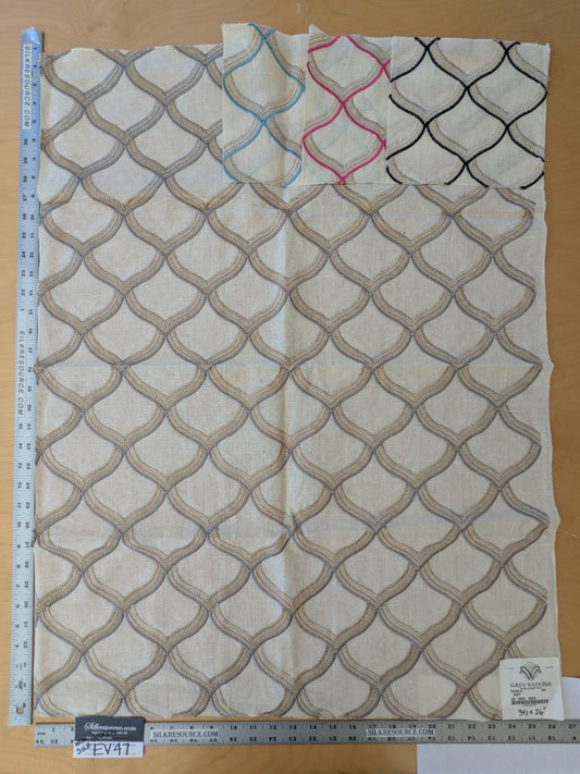 104 EV47 Square Scalamandre Grey Watkins Pichola Grey Cream White Sheers Linen Embroidery Diamond Ogee MSRP USD 300+/y