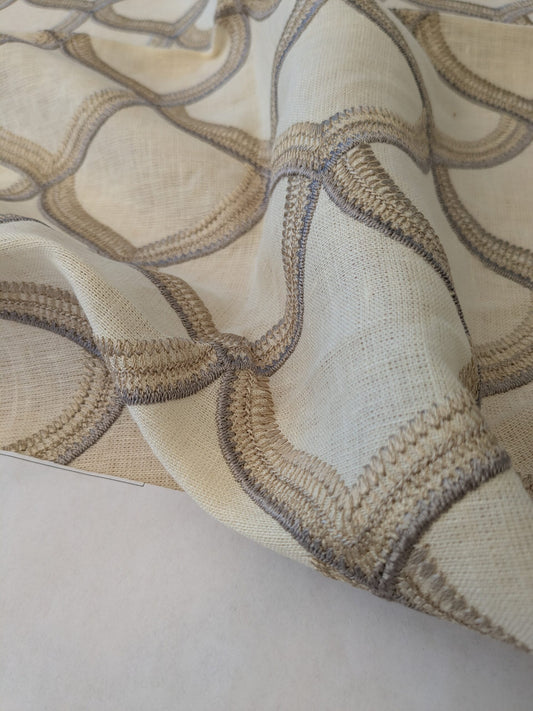 104 EV47 Square Scalamandre Grey Watkins Pichola Grey Cream White Sheers Linen Embroidery Diamond Ogee MSRP USD 300+/y