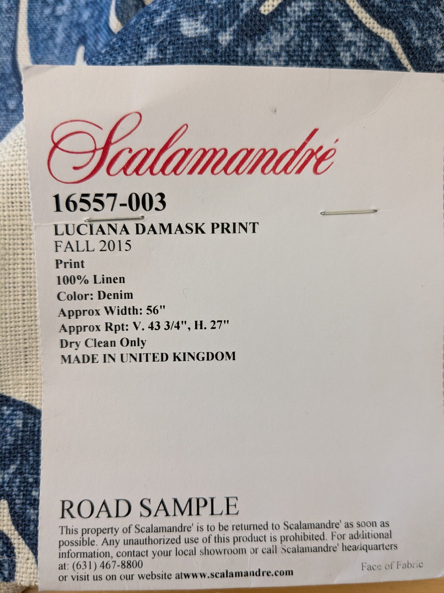 117 EV47 Square Scalamandre Luciana Damask Linen Print Denim Damask Print Blue White MSRP USD 346