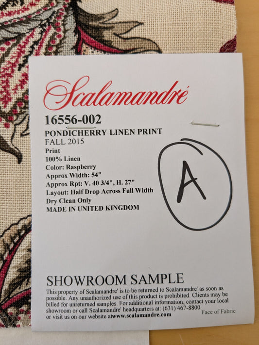 123 EV47 Square Scalamandre Pondicherry Linen Print Raspberry Red Brown on Beige Bird Animal Jacobean Bird Animal MSRP USD 292/y 26"x27"