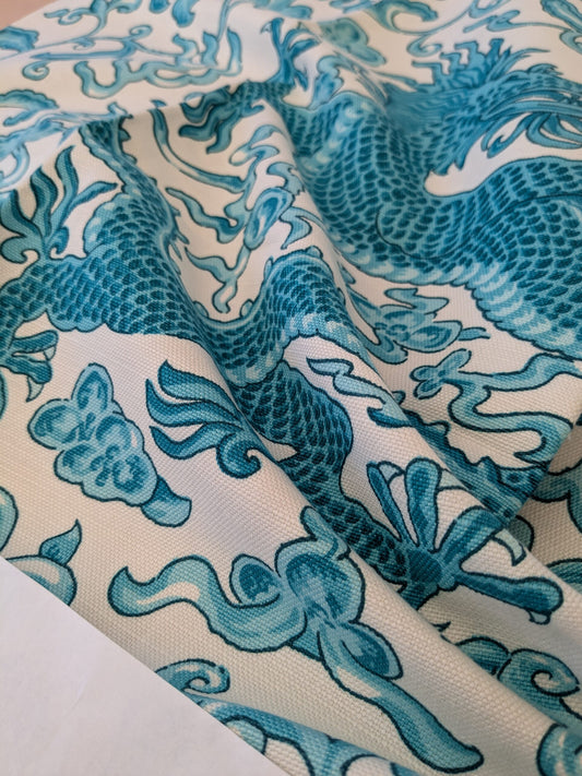 129 EV47 Square Scalamandre Chi’en Dragon Linen Print Turquoise Blue White 26"x26"