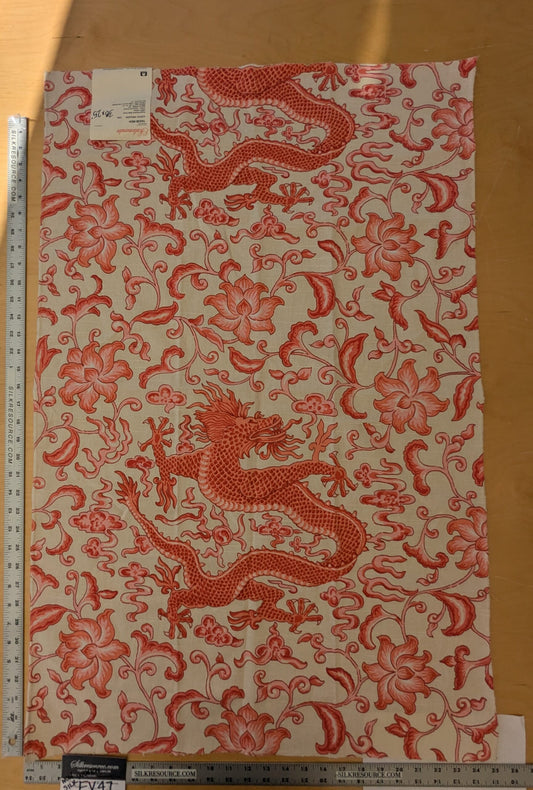 130 EV47 Square Scalamandre Chi’en Dragon Linen Print Coral on Cream Red White 38"x25"
