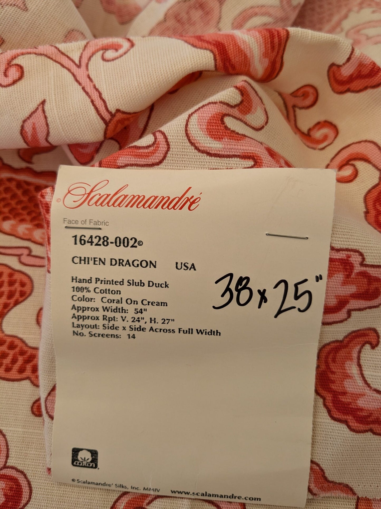 130 EV47 Square Scalamandre Chi’en Dragon Linen Print Coral on Cream Red White 38"x25"