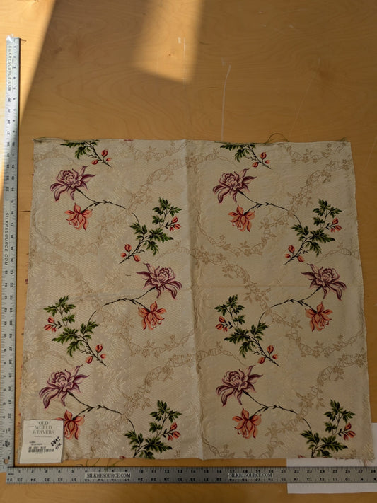 134 EV47 Square Silk Scalamandre Old World Weavers Iliana Heliotrope Floral Purple pink on Beige Botanical Historical MSRP USD 2680/y