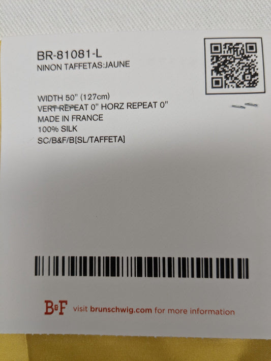 Special Order Brunschwig & Fils Ninon Taffetas - Jaune Yellow Silk Solid Plain MSRP USD 718/y