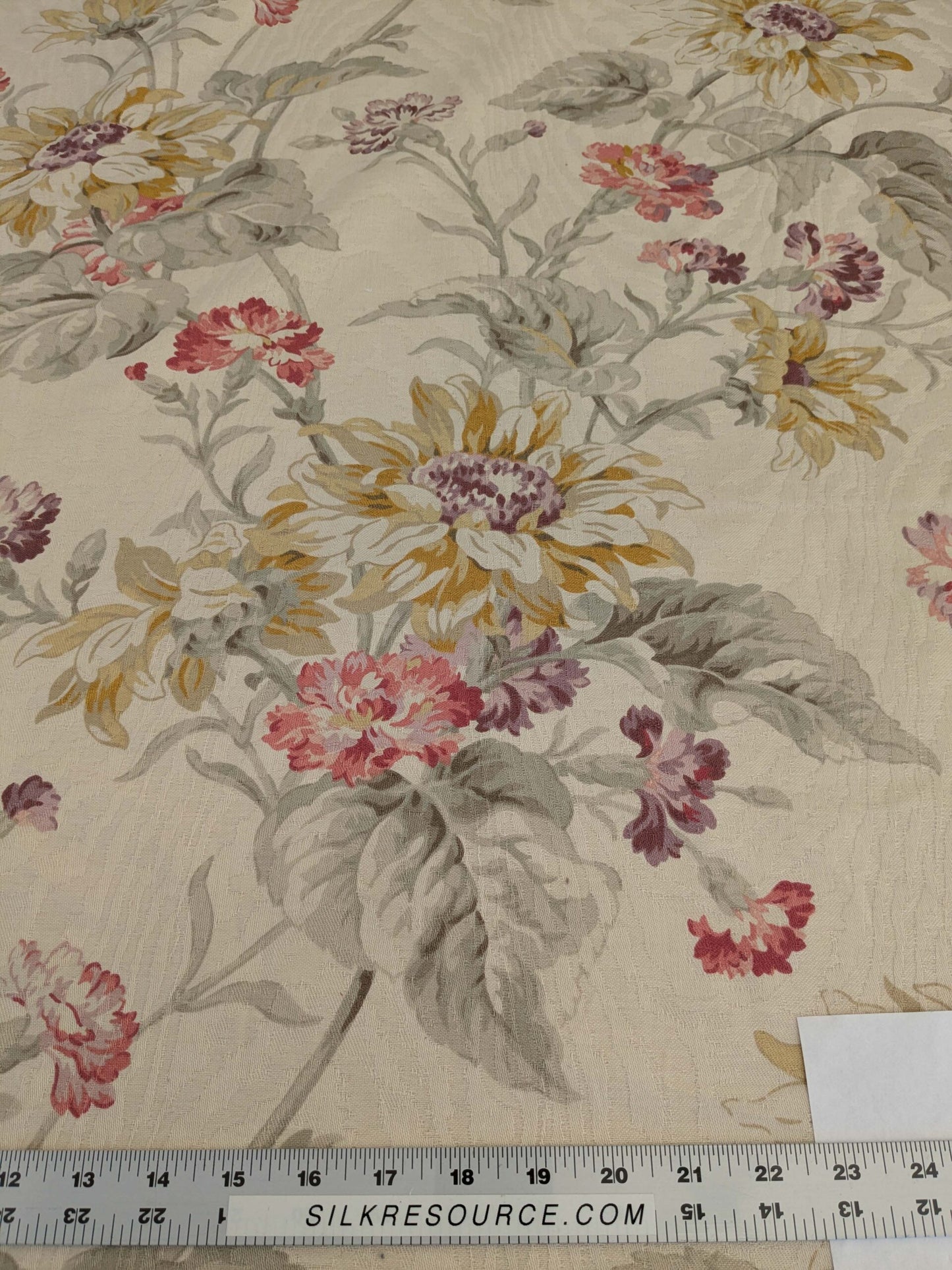 by yard Scalamandre Kaufmann English Garden Floral Botanical Historical Cotton Carnation Sunflower Chintz Red Pink Green Purple Yellow on Beige