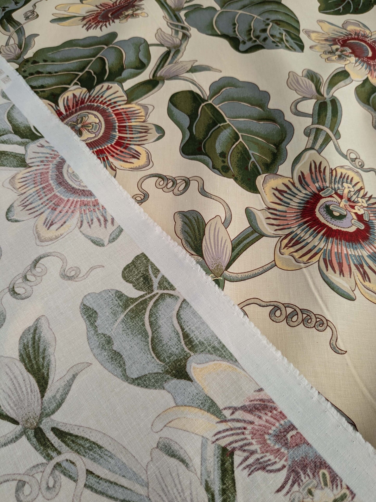 by yard Scalamandre Vintage-Inspired Passion flower Print Chintz Red Green Soft Beige Botanical Large Pattern