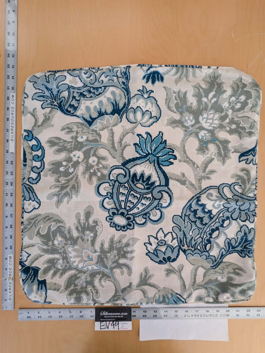 Scalamandre Pillow Case Square Canterbury Linen Print OYSTER & INDIGO Blue White Jacobean Tree of Life 22"x22" inches 7-Ev49