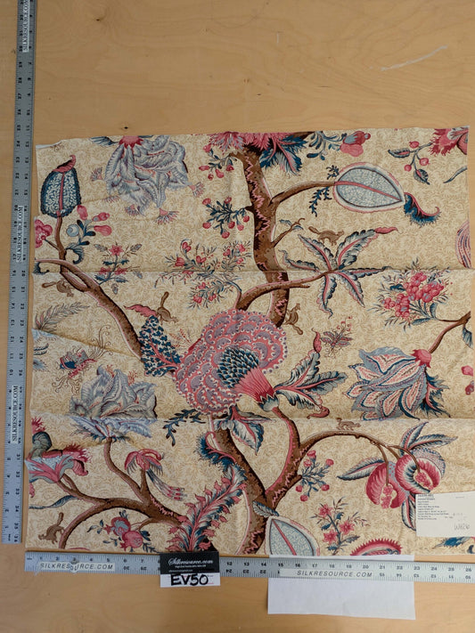 13 EV50 24" x 26" Scalamandre Square Pondicherry Linen Print Raspberry Red Blue on Beige Bird Animal Jacobean Bird Animal MSRP USD 292/y