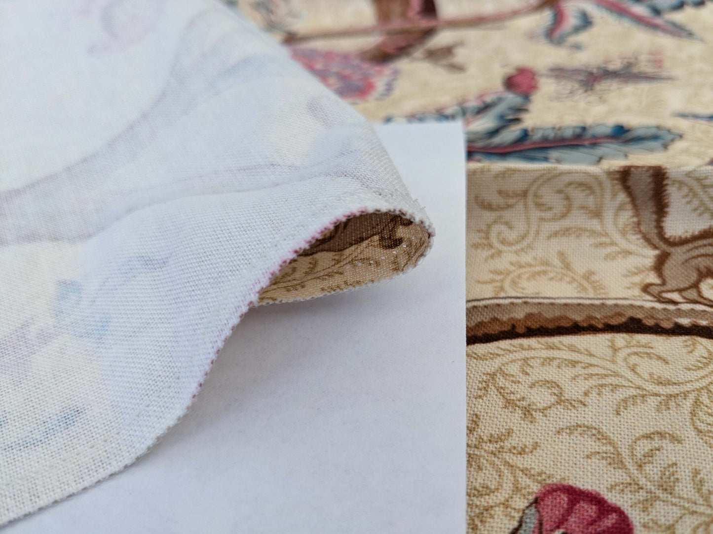 13 EV50 24" x 26" Scalamandre Square Pondicherry Linen Print Raspberry Red Blue on Beige Bird Animal Jacobean Bird Animal MSRP USD 292/y