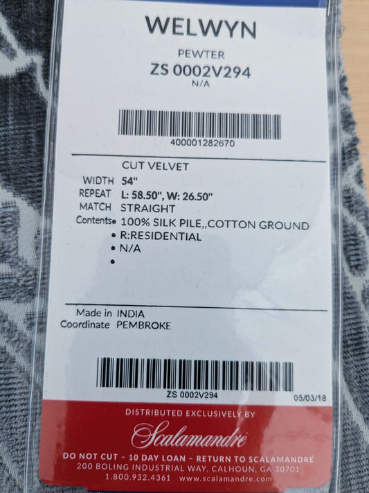 51 EV50 27" x 26" Scalamandre Square Old World Weavers Silk Welwyn Pewter Cut Velvet MSRP USD 2332/y