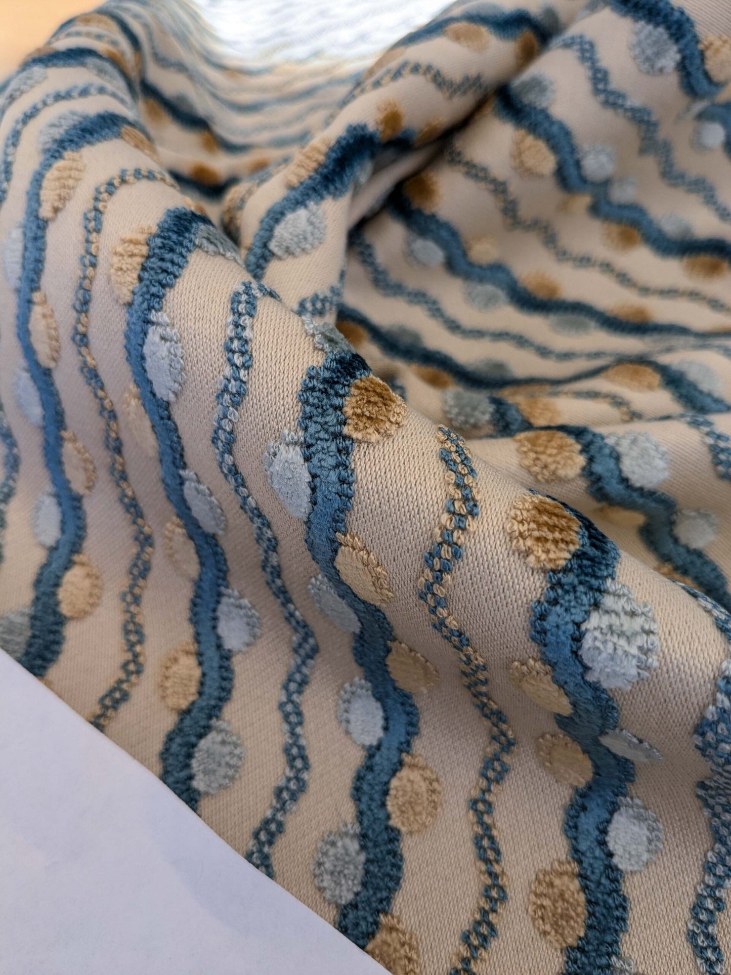 52 EV50 26" x 25" Scalamandre Old World Weavers Lavina Squiggle Bluejay Blue Beige Dot Circle Stripe Viscose MSRP USD 300/y