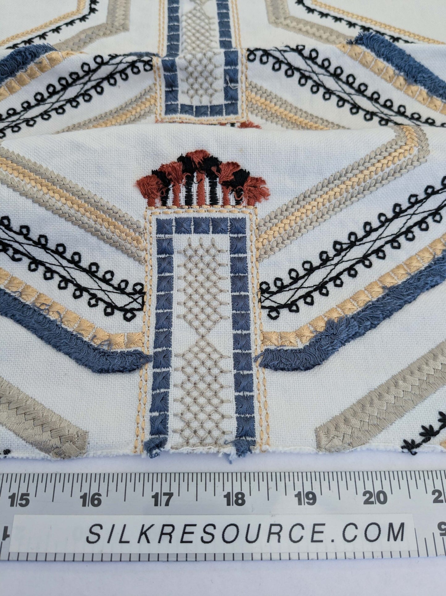 60 EV50 36" x 24" Scalamandre Lelievre Paris Kayapo Anthique Yellow Blue on Cream White Embroidery Geometric Graphic MSRP USD 826/y