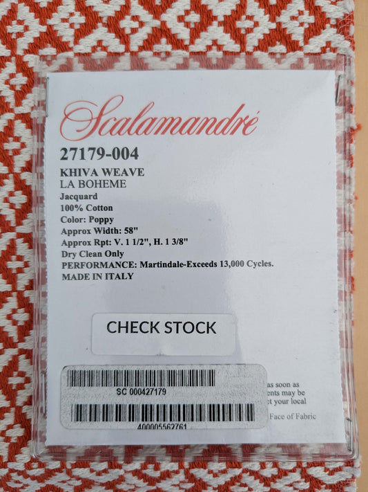 95 EV50 26" x 27" Square Scalamandre Khiva Weave Poppy Red White Cotton Small Scale White MSRP USD 180/y