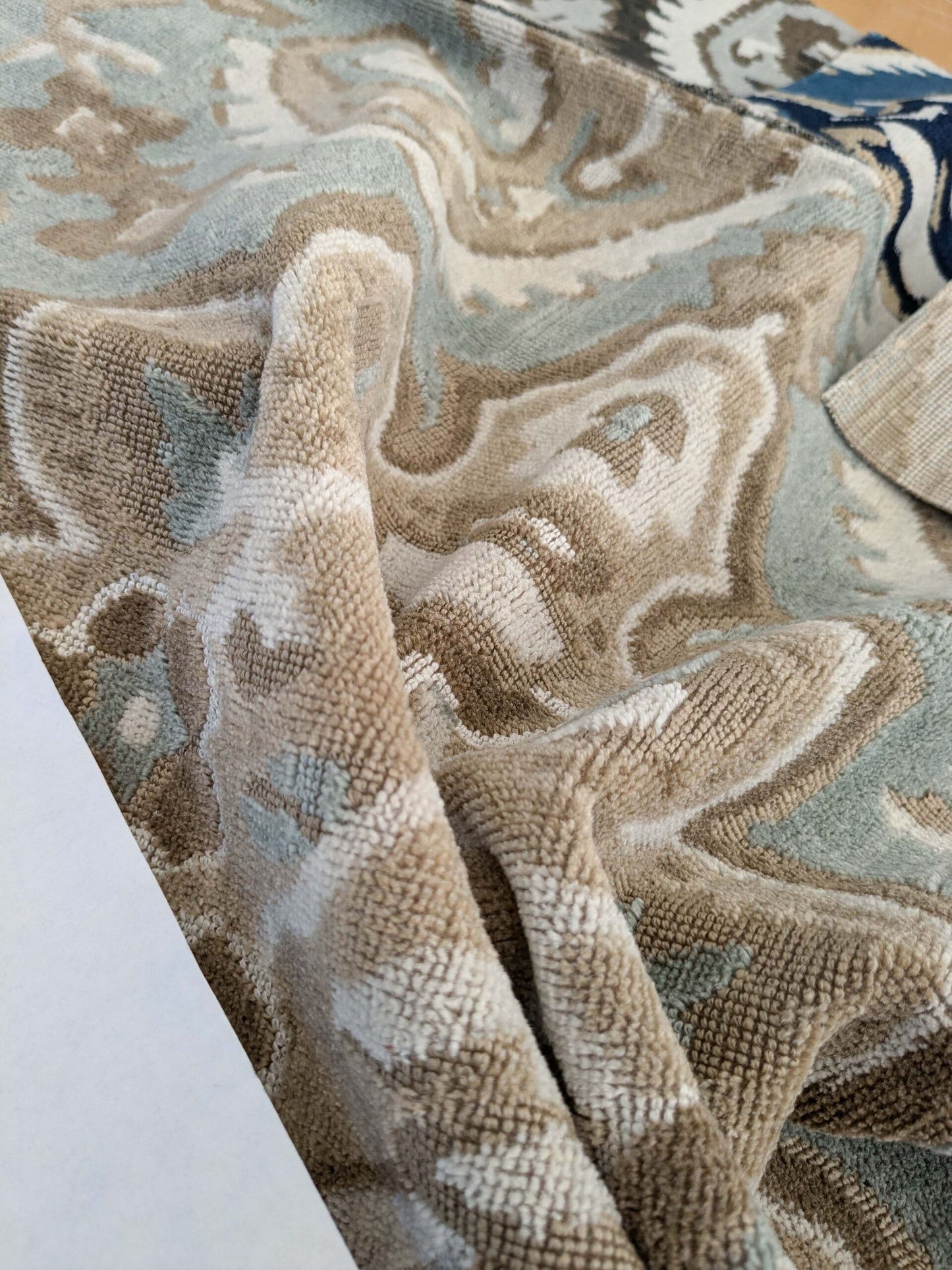 100 EV50 27" x 24" Square Scalamandre Oushak Linen Velvet Aquamarine Jacquard Blue Brown Linen MSRP USD638/y