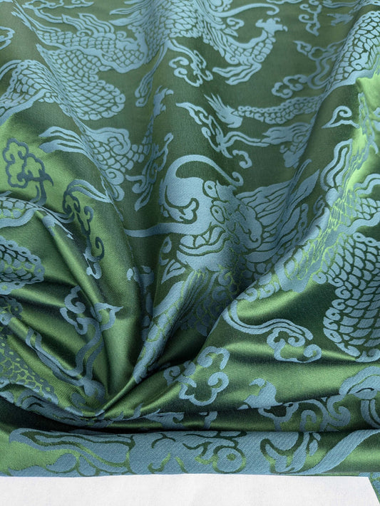 Schumacher Ruan Dragon Damask Emerald Green Art Deco Chinoiserie Satin Cotton MSRP USD 328/y