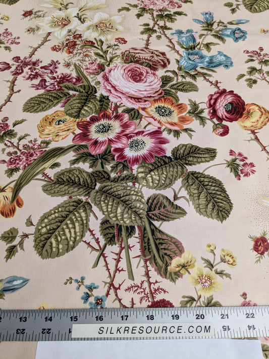 Claire Austin English Cottage Climbing Rose Bluebell Chintz Print Red Green Pink Yellow on Pale Pink 100% Cotton MSRP USD 355/Y