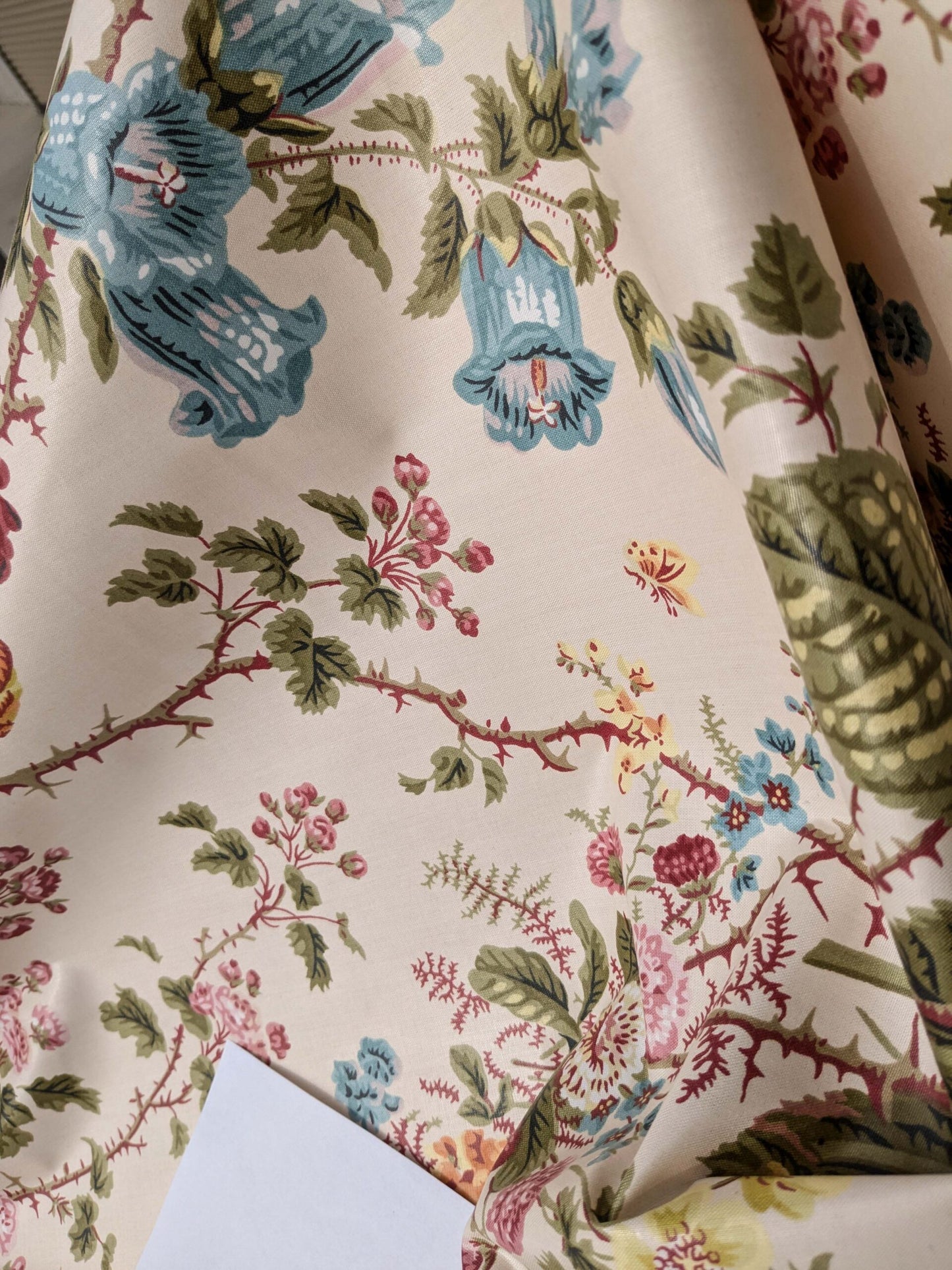 Claire Austin English Cottage Climbing Rose Bluebell Chintz Print Red Green Pink Yellow on Pale Pink 100% Cotton MSRP USD 355/Y