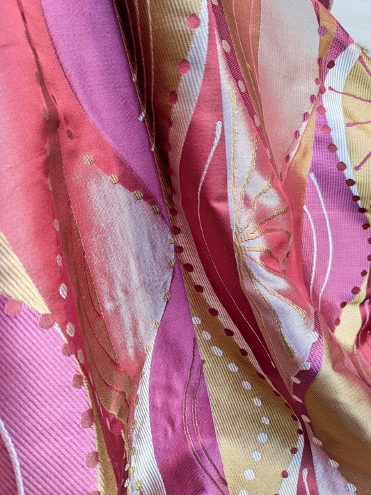 100% Silk Lampas Music Note "Vin" Rouge Red Gold Yellow Art Deco