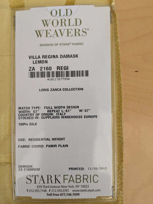 6 EV53 26"x 27" Square Scalamandre Old World Weavers Villa Regina Damask Lemon Yellow 100% Silk Renaissance MSRP USD500+