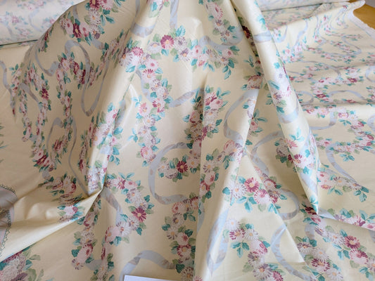 Scalamandre Old World Weavers Montpelier Chintz with Border Ecru Salmon Pink on Pale Butter Rose Garland and Ribbons Elizabeth British Chintz