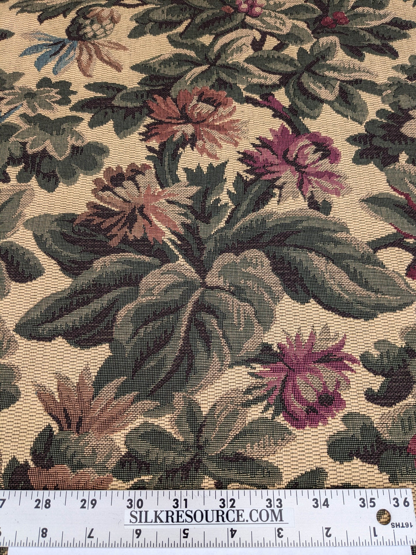 Scalamandre Sentier Greens & Browns on Beige Forest Foliage Oak Pineapple Daisy Tapestry from France Cotton Heavy MSRP USD352/y