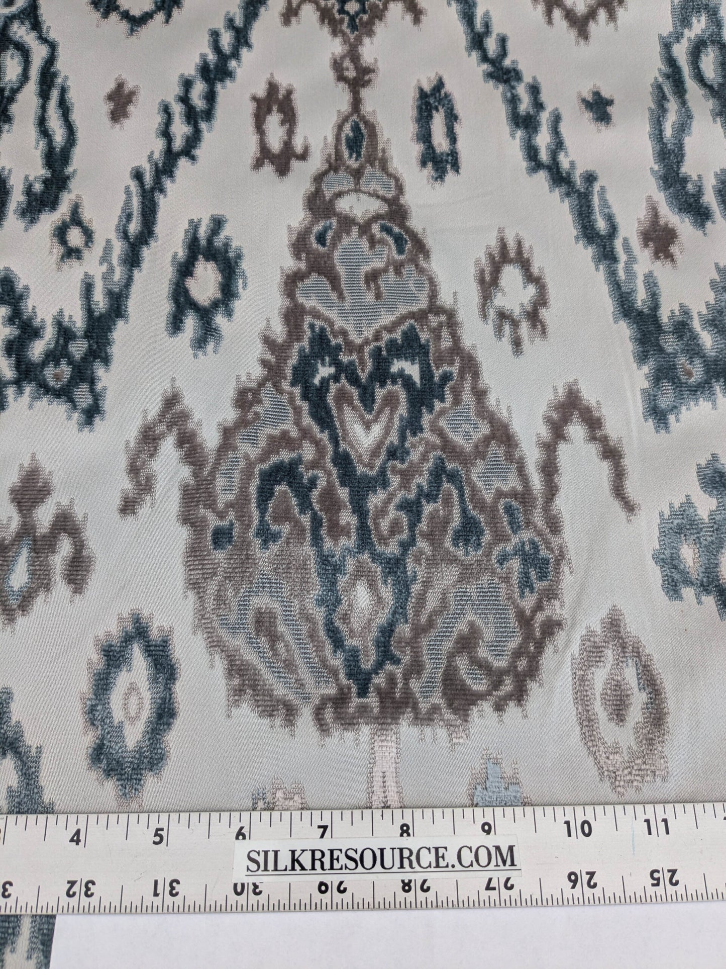 Scalamandre Tai Lao Mist Blue Brown Velvet Ikat Paisley Viscose Cotton MSRP USD 532/y