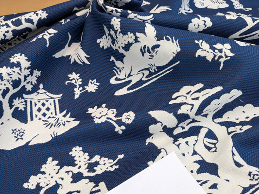 Scalamandre Romantic Outdoor Lily Pond Indigo Blue White Chinoisery Landscape Mountain Jacquard Reversible MSRP USD 222/y